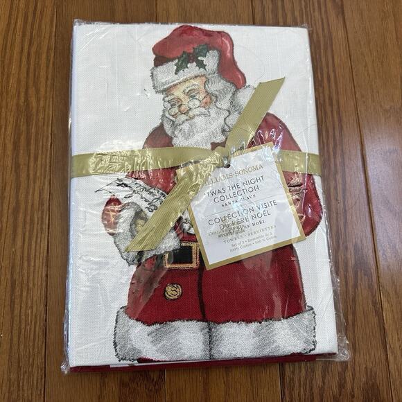 WILLIAMS SONOMA CHRISTMAS SANTA TWAS THE NIGHT TEA TOWELS SET OF 2 COTTON NWT - Picture 1 of 3